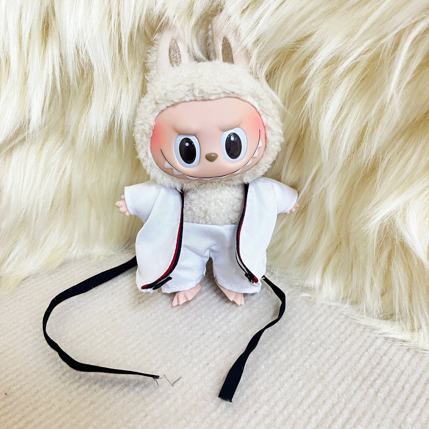 6.69inch Labubu Doll Clothesable LABUBU Hanging Ornament Wearable with Replacement Sports Casual Suit Black Belt Taekwondo Dress 3pcs Set: Clothes + Pants + Belt (Excluding Doll)