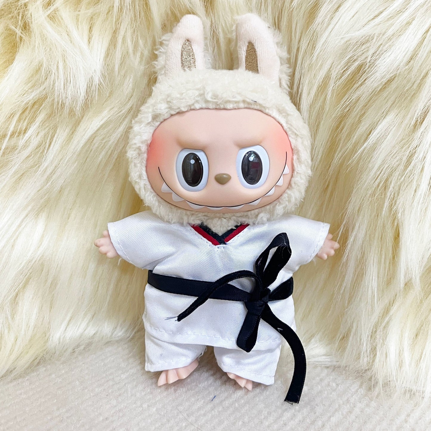6.69inch Labubu Doll Clothesable LABUBU Hanging Ornament Wearable with Replacement Sports Casual Suit Black Belt Taekwondo Dress 3pcs Set: Clothes + Pants + Belt (Excluding Doll)
