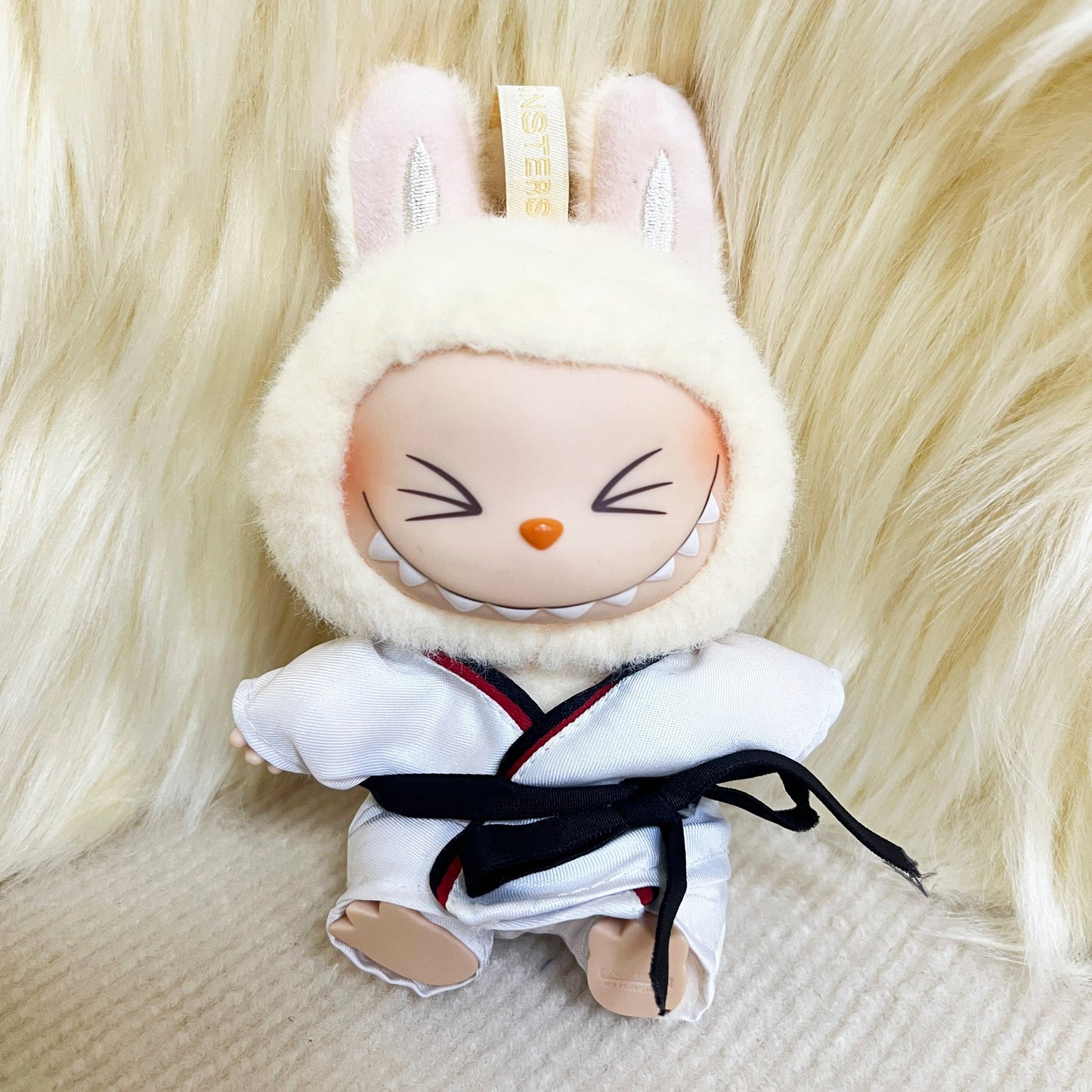 6.69inch Labubu Doll Clothesable LABUBU Hanging Ornament Wearable with Replacement Sports Casual Suit Black Belt Taekwondo Dress 3pcs Set: Clothes + Pants + Belt (Excluding Doll)