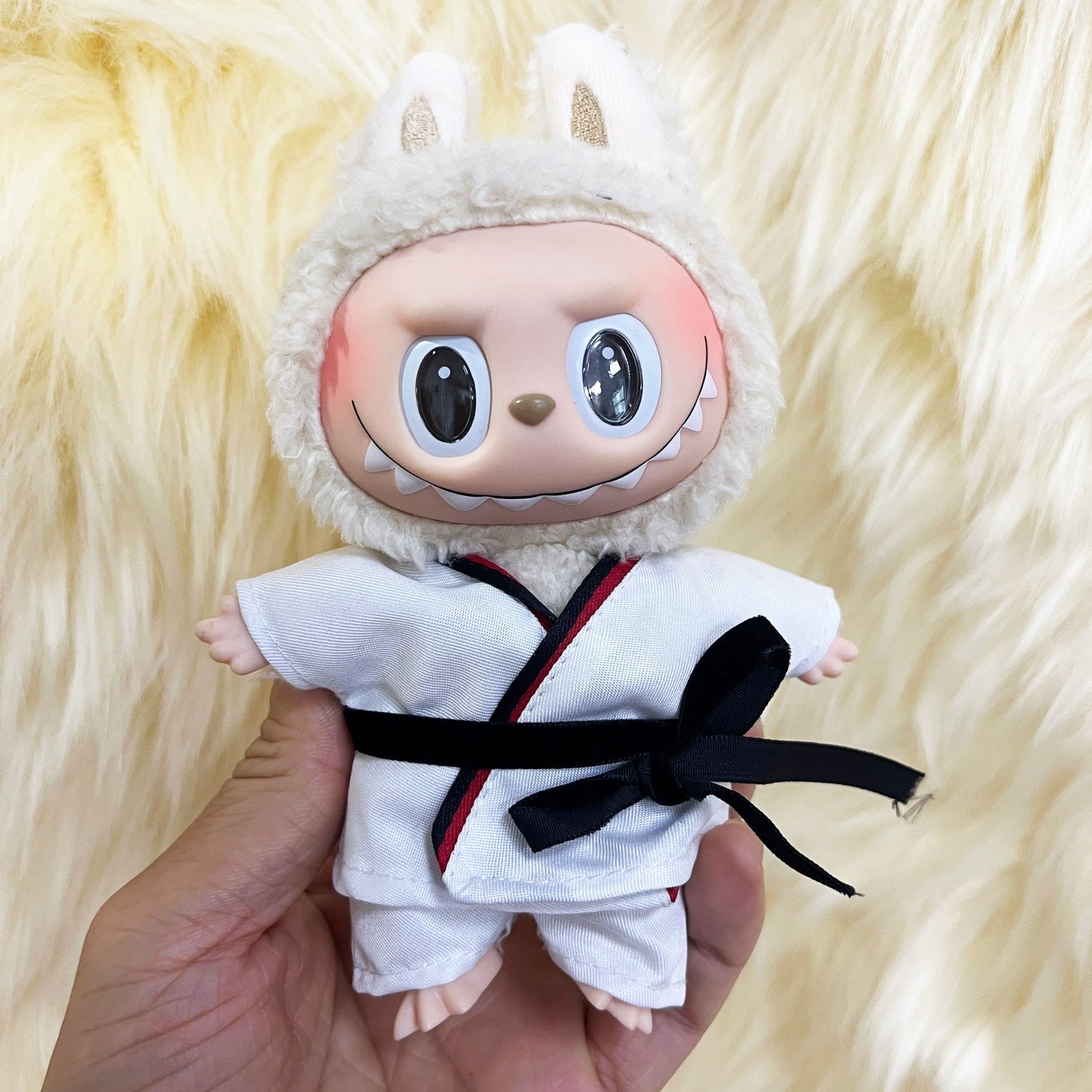 6.69inch Labubu Doll Clothesable LABUBU Hanging Ornament Wearable with Replacement Sports Casual Suit Black Belt Taekwondo Dress 3pcs Set: Clothes + Pants + Belt (Excluding Doll)