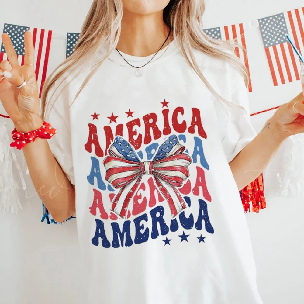 America T-Shirt Women Summer Loose Fashion Vintage 4th of July T Shirt American Freedom Cute Graphic Tees Hippie Tshirts Retro