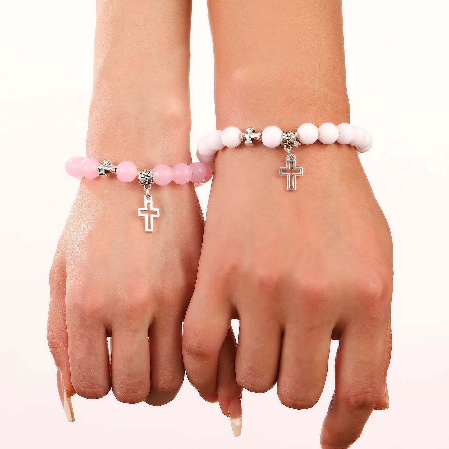 2Pcs/Set Pink Crystal Beads Bracelet Couple Lovers Natural Stone Cross Bracelets for Women Men Fashion Wedding Jewelry Gift