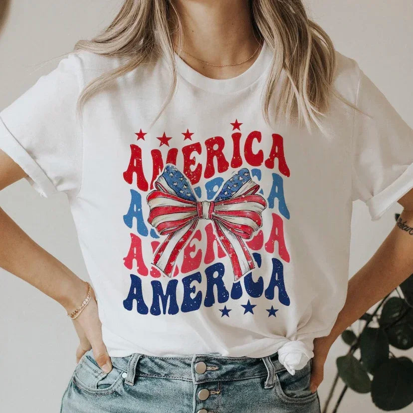 America T-Shirt Women Summer Loose Fashion Vintage 4th of July T Shirt American Freedom Cute Graphic Tees Hippie Tshirts Retro