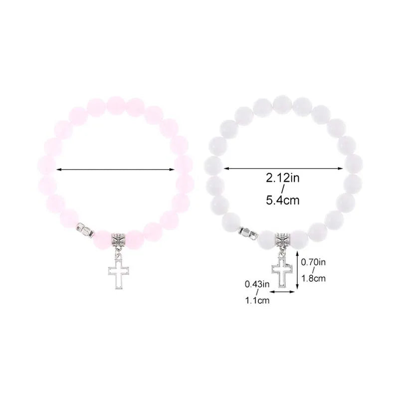 2Pcs/Set Pink Crystal Beads Bracelet Couple Lovers Natural Stone Cross Bracelets for Women Men Fashion Wedding Jewelry Gift