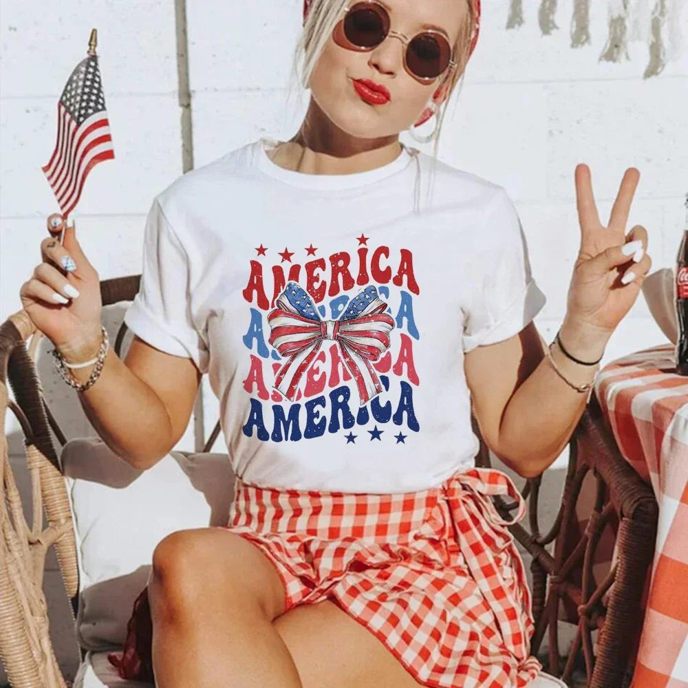 America T-Shirt Women Summer Loose Fashion Vintage 4th of July T Shirt American Freedom Cute Graphic Tees Hippie Tshirts Retro