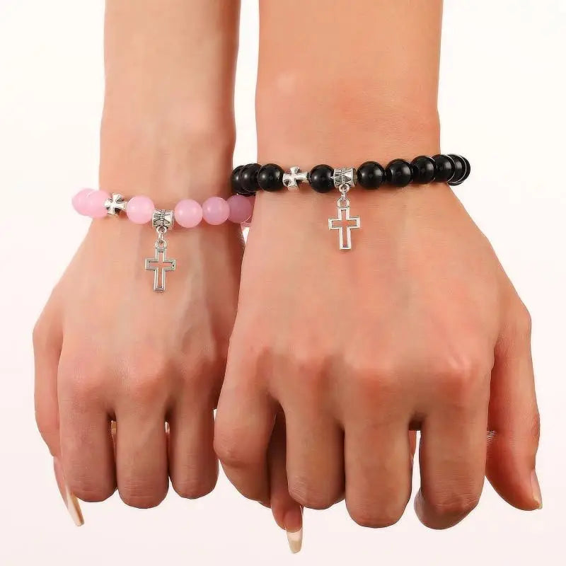 2Pcs/Set Pink Crystal Beads Bracelet Couple Lovers Natural Stone Cross Bracelets for Women Men Fashion Wedding Jewelry Gift