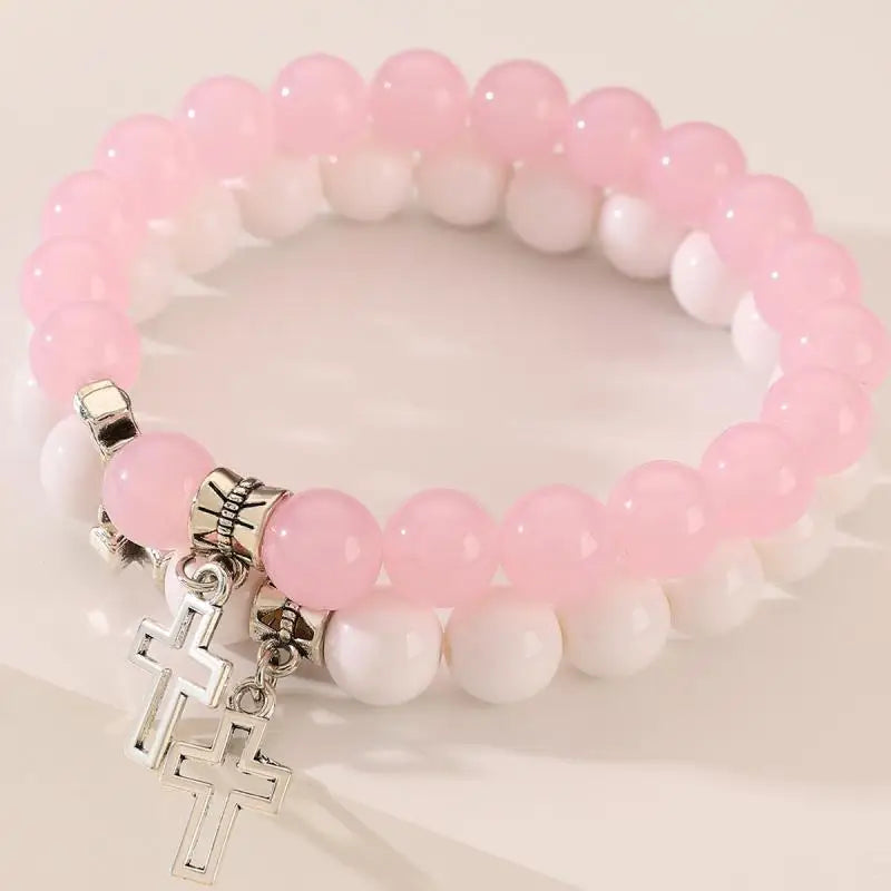 2Pcs/Set Pink Crystal Beads Bracelet Couple Lovers Natural Stone Cross Bracelets for Women Men Fashion Wedding Jewelry Gift