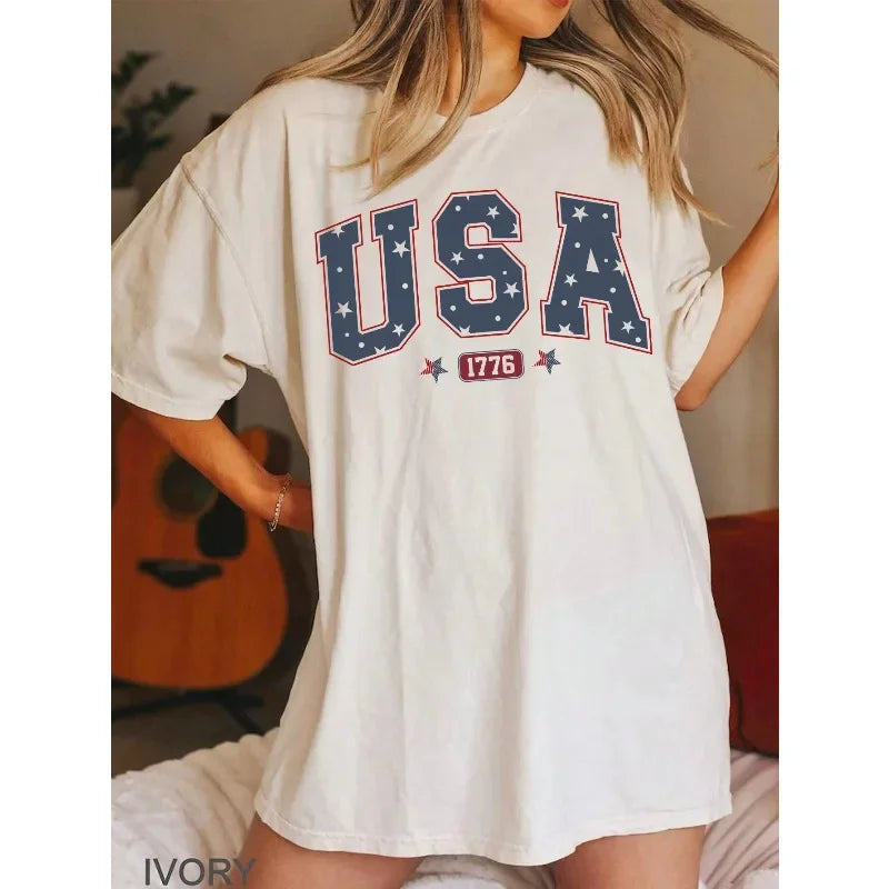 USA Flag Fashion Cotton Summer T-Shirt Patriotic Plus Size Crew Neck T-Shirt July 4th Edition