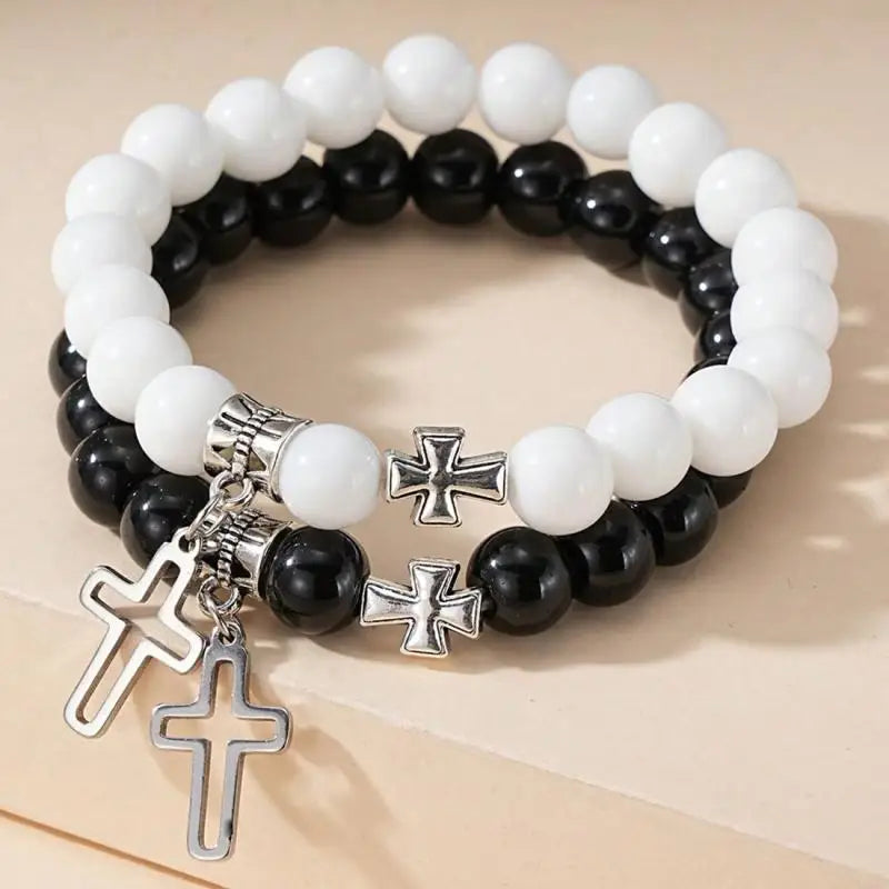 2Pcs/Set Pink Crystal Beads Bracelet Couple Lovers Natural Stone Cross Bracelets for Women Men Fashion Wedding Jewelry Gift