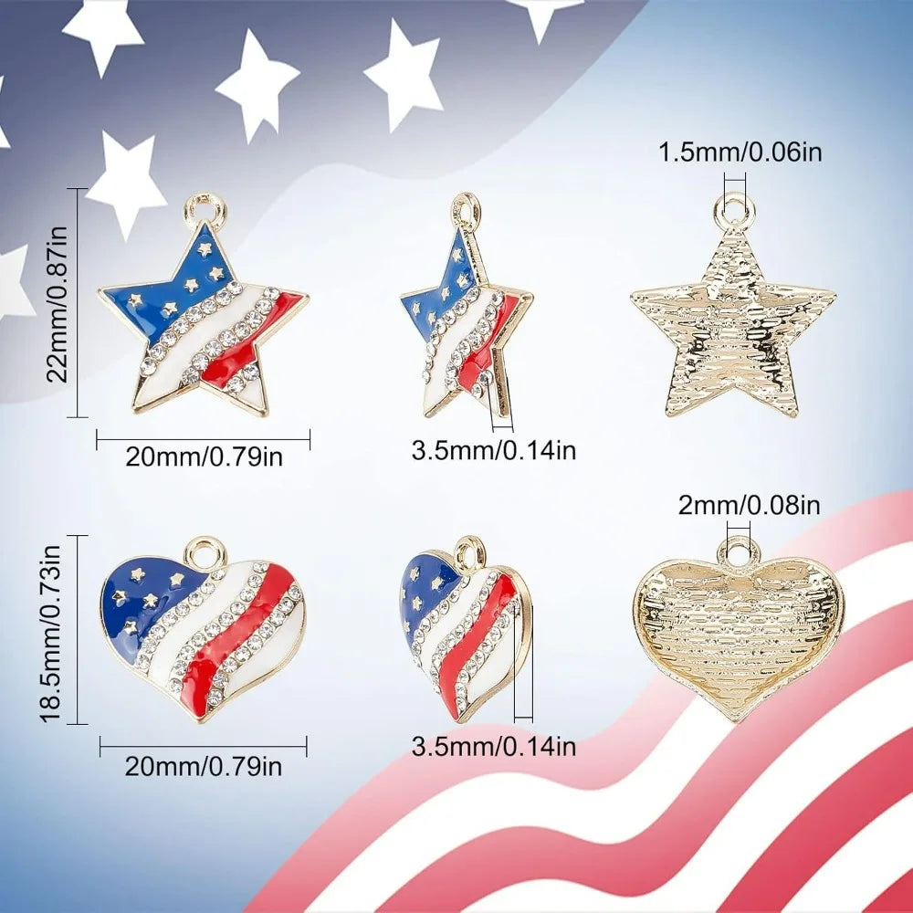 20Pcs America Flag Charms USA Charms Patriotic Independence Day Charm 4th of July Rhinestone Love Heart Star Charms Jewelry kits