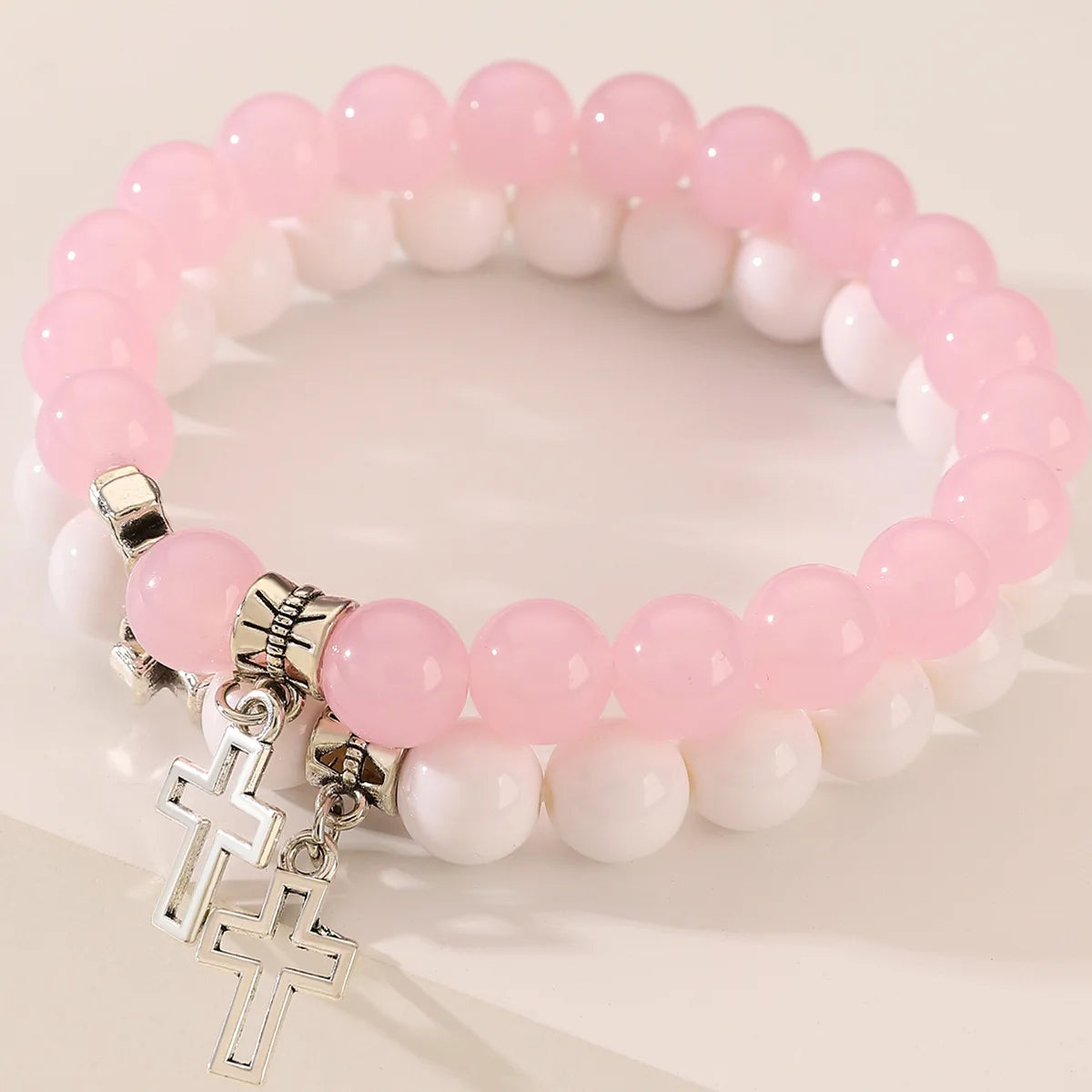 2Pcs/Set Pink Crystal Beads Bracelet Couple Lovers Natural Stone Cross Bracelets for Women Men Fashion Wedding Jewelry Gift