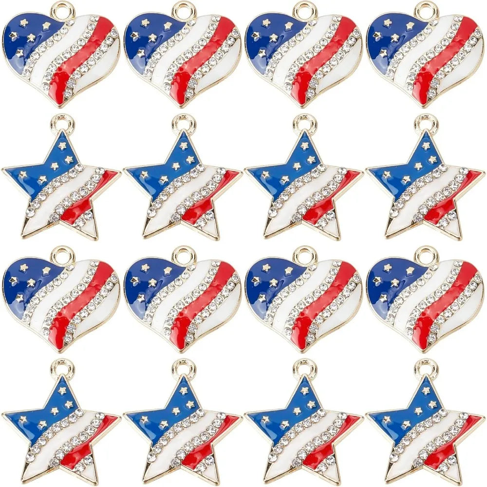 20Pcs America Flag Charms USA Charms Patriotic Independence Day Charm 4th of July Rhinestone Love Heart Star Charms Jewelry kits
