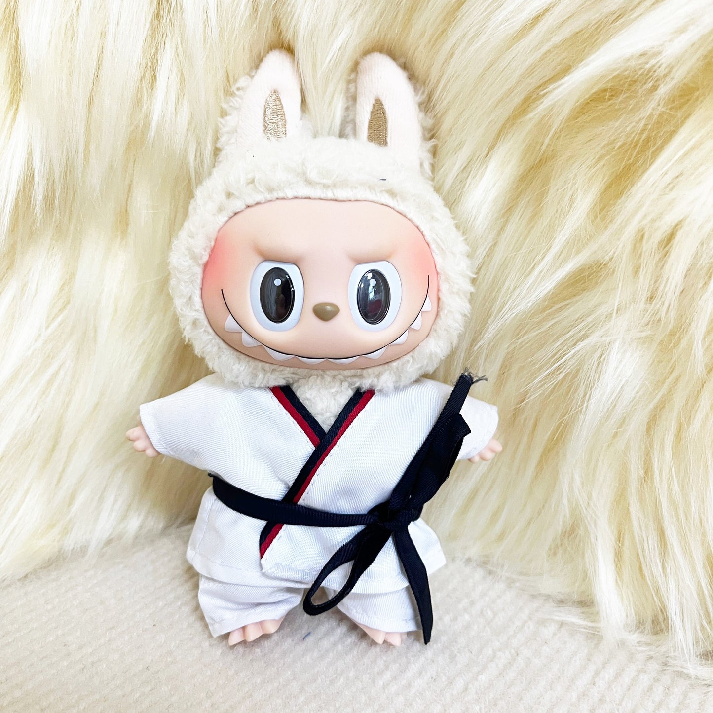6.69inch Labubu Doll Clothesable LABUBU Hanging Ornament Wearable with Replacement Sports Casual Suit Black Belt Taekwondo Dress 3pcs Set: Clothes + Pants + Belt (Excluding Doll)
