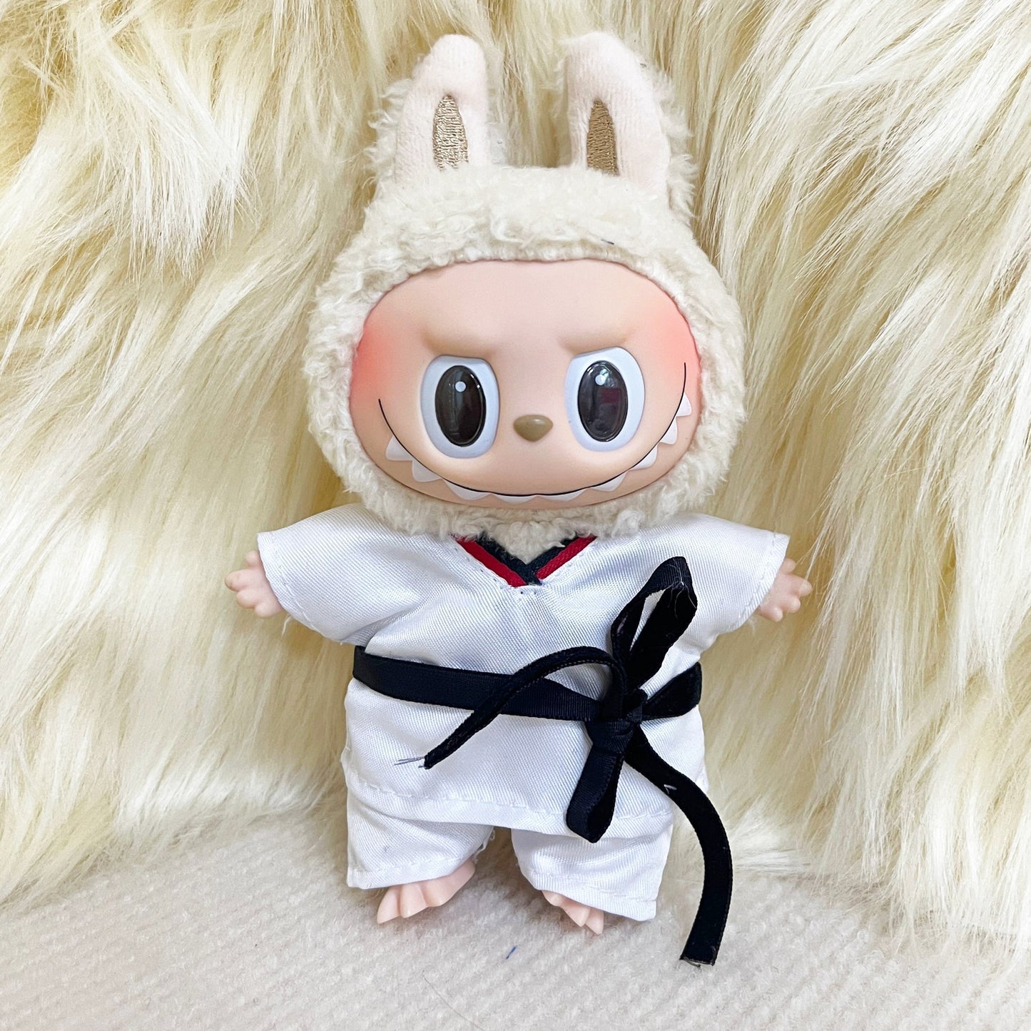 6.69inch Labubu Doll Clothesable LABUBU Hanging Ornament Wearable with Replacement Sports Casual Suit Black Belt Taekwondo Dress 3pcs Set: Clothes + Pants + Belt (Excluding Doll)