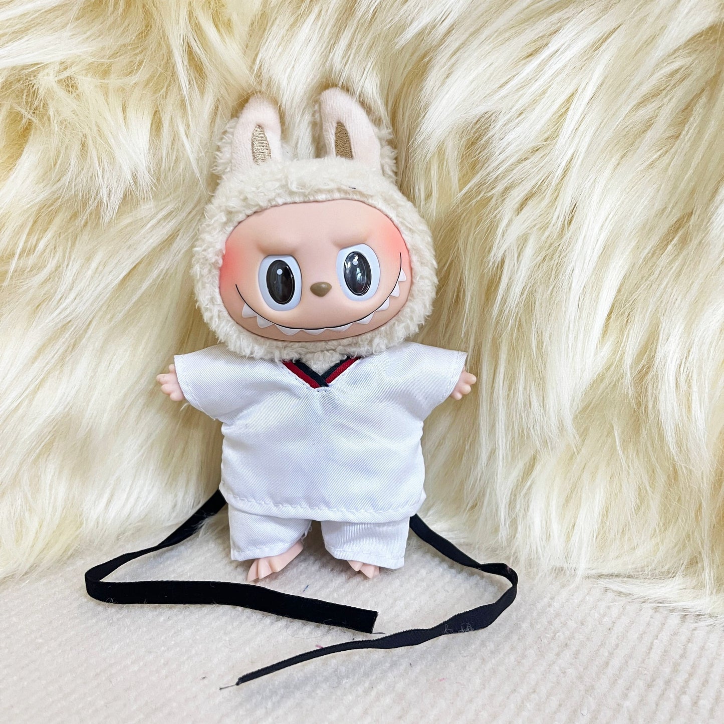 6.69inch Labubu Doll Clothesable LABUBU Hanging Ornament Wearable with Replacement Sports Casual Suit Black Belt Taekwondo Dress 3pcs Set: Clothes + Pants + Belt (Excluding Doll)