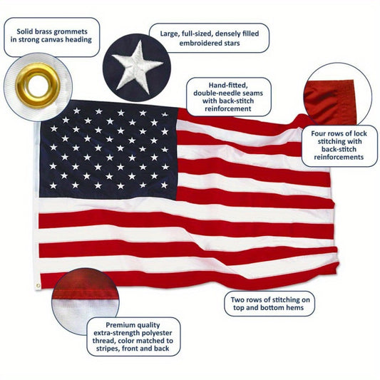 3X5ft American Flag - Embroidered Stars and Sewn Stripes, Weathering Outdoor Fabric with Copper Ring Buckle, Outdoor American Flag for Gardens, Yards, Patriotic Decorations