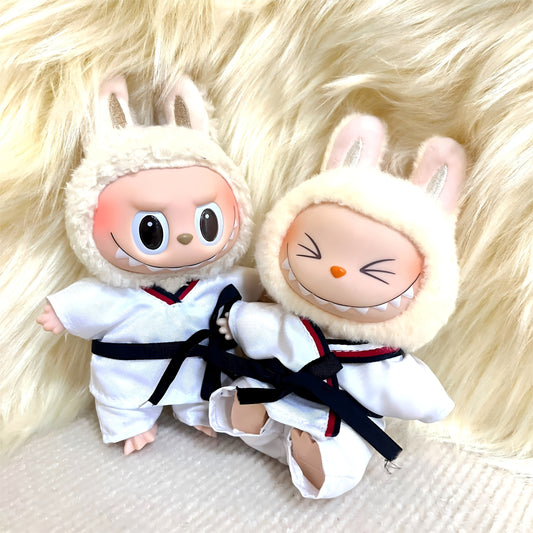 6.69inch Labubu Doll Clothesable LABUBU Hanging Ornament Wearable with Replacement Sports Casual Suit Black Belt Taekwondo Dress 3pcs Set: Clothes + Pants + Belt (Excluding Doll)