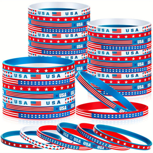 100pcs Patriotic Silicone Wristbands - Red, White & Blue USA Flag Design with Stars & Stripes - Stretchable Rubber Bracelets for Independence Day, Military Events & Gifts, Independence Day Decorations