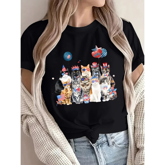 4th Of July T-shirts Cute Cat Graphic Tees Summer Comfortable Crewneck Tops Casual Oversized Short Sleeve Unisex Streetwear Tops