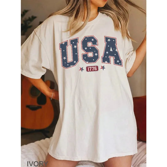 USA Flag Fashion Cotton Summer T-Shirt Patriotic Plus Size Crew Neck T-Shirt July 4th Edition