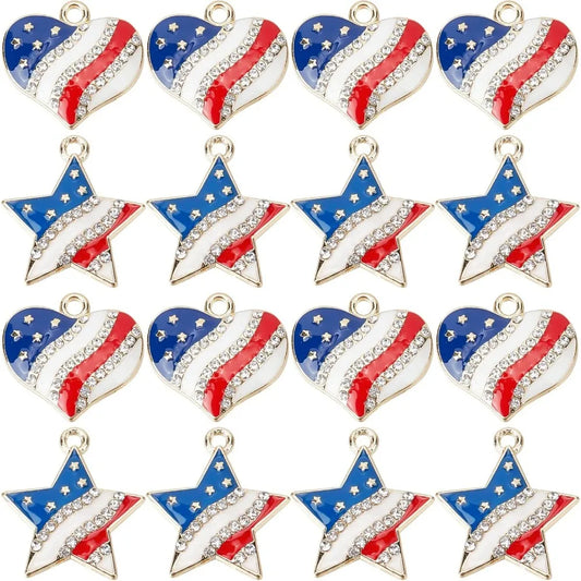 20Pcs America Flag Charms USA Charms Patriotic Independence Day Charm 4th of July Rhinestone Love Heart Star Charms Jewelry kits