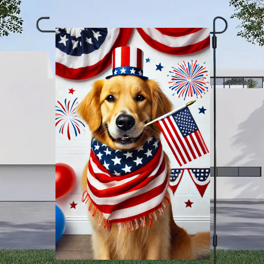 1pc, 2D Flat Golden Retriever Wearing Stars and Stripes Hat and Scarf, Holding American Flag Design Independence Day Garden Flag, Durable Polyester Fade-Resistant Outdoor Yard Decoration, Suitable for Porch, Lawn, Cottage and